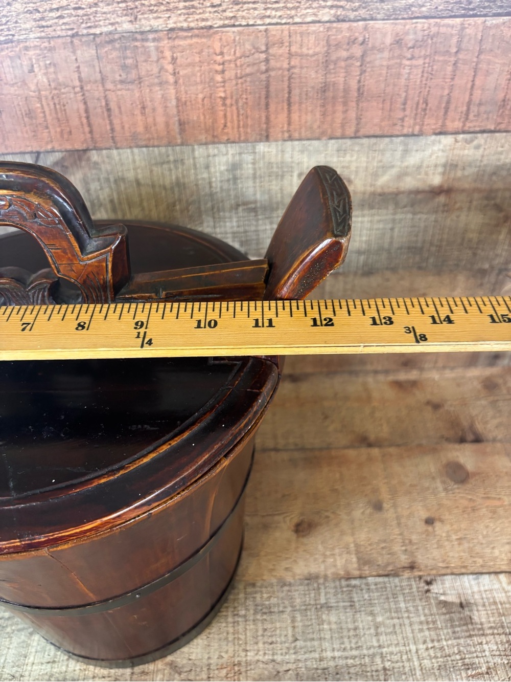 Vintage Chinese Lacquered Rice Bucket With Locking Lid & Handle Home Decor - Picture 12 of 14